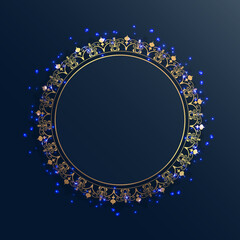 Gold frame on a dark background. Circle in gold ornament on a dark blue background. Glowing sparks and dots. Place for your text.