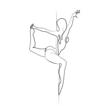 Pole dance illustration for fitness, striptease dancers, exotic dance. Dancing girl beautiful female abstract silhouette continuous line drawing, tattoo, print for clothes and logo, isolated vector.