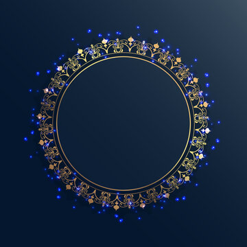 Gold Frame On A Dark Background. Circle In Gold Ornament On A Dark Blue Background. Glowing Sparks And Dots. Place For Your Text.