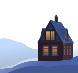 Rural small house in winter. Landscape. Attic. Christmas night. Quiet winter evening. Isolated. Gable roof is covered with snow. Nice and cozy suburban village. Flat cartoon style. Vector art