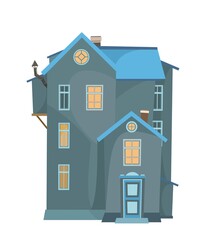 Simple tall cartoon house. Night. Cozy rustic dwelling in a traditional European style. Nice dark home. Isolated on white background. Vector