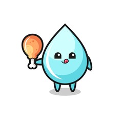 water drop cute mascot is eating a fried chicken