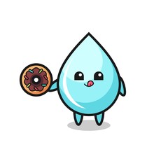 illustration of an water drop character eating a doughnut