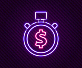 Glowing neon line Time is money icon isolated on black background. Money is time. Effective time management. Convert time to money. Stopwatch. Colorful outline concept. Vector
