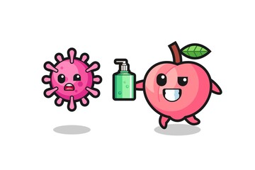 illustration of peach character chasing evil virus with hand sanitizer