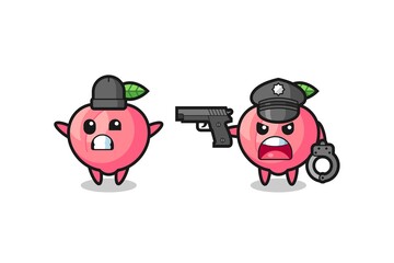 illustration of peach robber with hands up pose caught by police