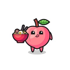 cute peach character eating noodles
