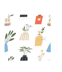 Seamless pattern of flower vases with plants. White background, flat style, vector.
