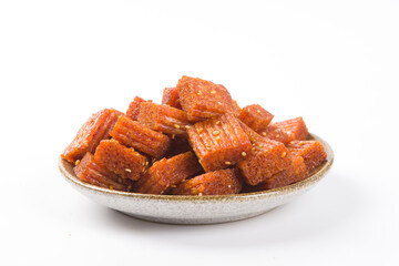 Chinese street snacks,Spicy gluten latiao on white background