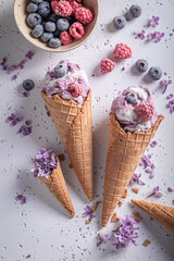 Sweet ice cream made of berries. Ice cream in cone