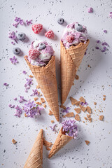 Tasty ice cream made of berries. Ice cream in cone