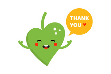 Cute cartoon style smiling green leaf character with speech bubble saying thank you, showing appreciation.
