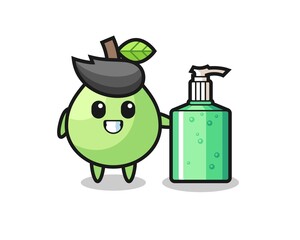 cute guava cartoon with hand sanitizer