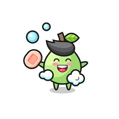 guava character is bathing while holding soap