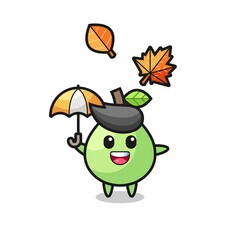 cartoon of the cute guava holding an umbrella in autumn