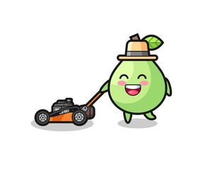 illustration of the guava character using lawn mower