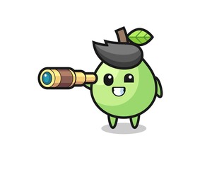 cute guava character is holding an old telescope