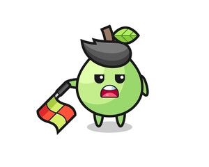 guava character as line judge hold the flag down at a 45 degree angle