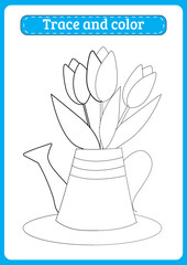 Draw and color a bouquet of three tulips in a retro watering can.