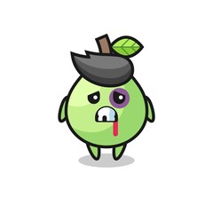 injured guava character with a bruised face