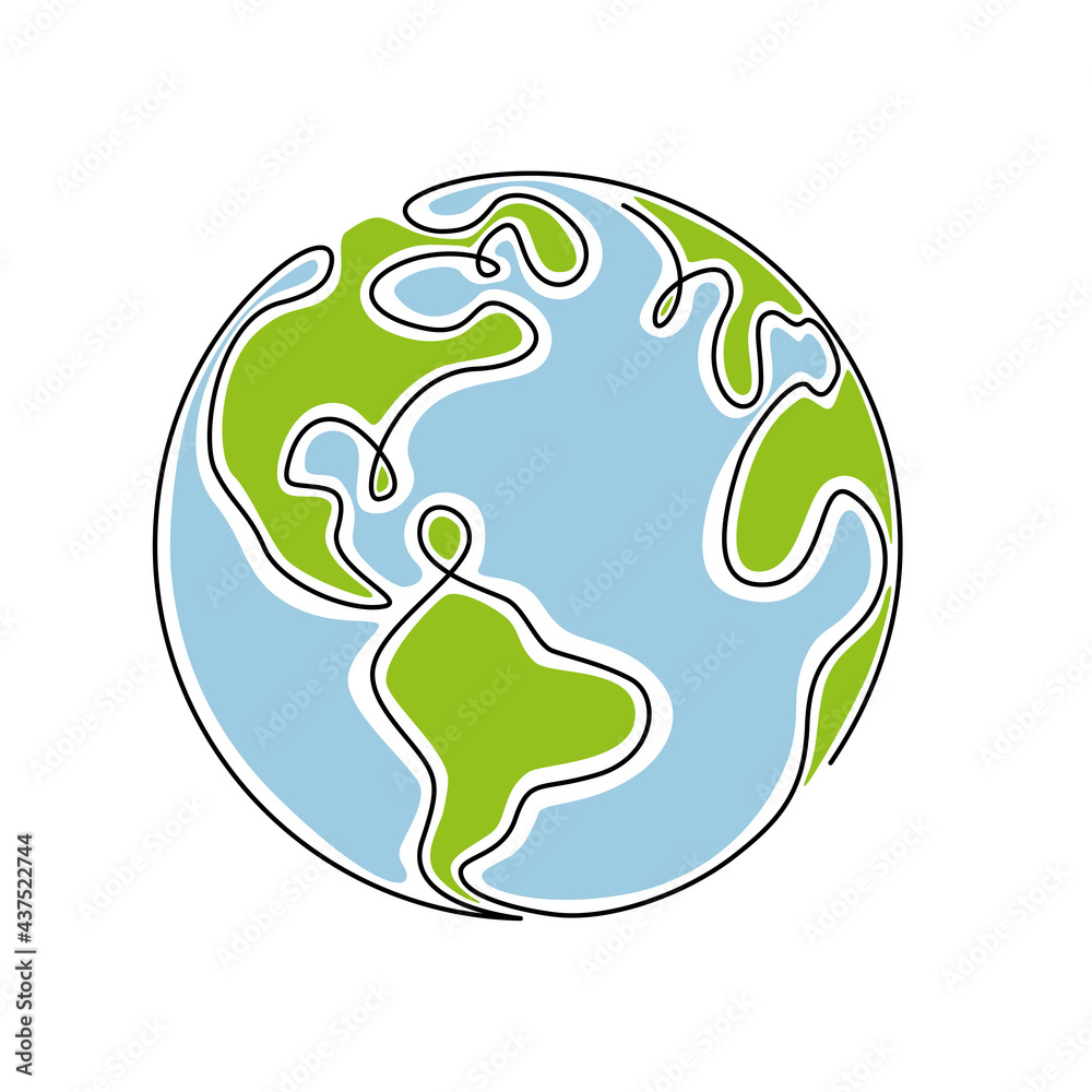 Fototapete earth globe in one continuous line drawing.round world map in simple doodle style.infographic territ