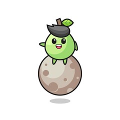 illustration of guava cartoon sitting on the moon