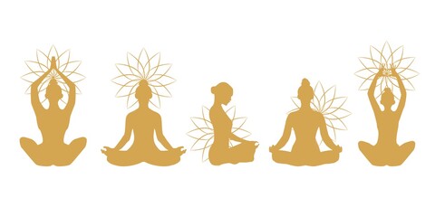 Set of healing yoga poses women icons decoration with flowers pattern. Yoga poses woman silhouette. Vector illustration. Card, logo, greeting, invitation and web design.