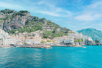 Amalfi coast is most popular travel and holiday destination in Europe. Landscape with Amalfi town at famous amalfi coast, Italy. Italian summer paradise. Mountains on Amalfitana coastline. 
