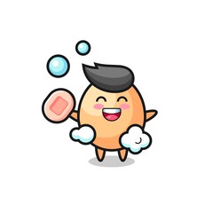 egg character is bathing while holding soap