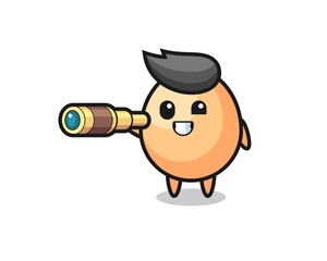 cute egg character is holding an old telescope