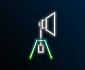 Glowing neon line Movie spotlight icon isolated on black background. Light Effect. Scene, Studio, Show. Colorful outline concept. Vector