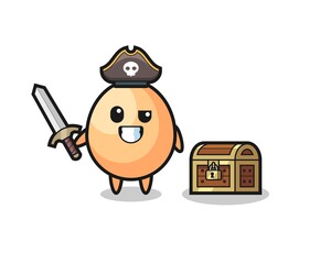 the egg pirate character holding sword beside a treasure box