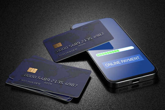 Bank cards on a smartphone. Pay with your smartphone. Ecommerce, e-commerce, mobile payment concepts. Modern graphic elements. 3d rendered.