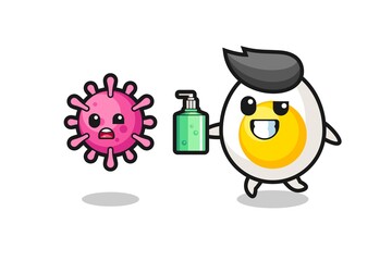 illustration of boiled egg character chasing evil virus with hand sanitizer