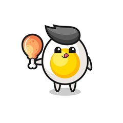 boiled egg cute mascot is eating a fried chicken