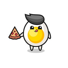 cute boiled egg cartoon eating pizza