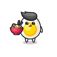 cute boiled egg character eating noodles