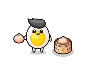 cute boiled egg character eating steamed buns