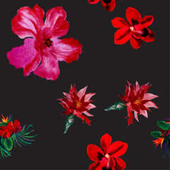 Yellow Seamless Plant. Pink Watercolor Illustration. Red Flower Set. Green Hibiscus Illustration. Pattern Textile. Colorful Summer Decor. Purple Vintage Wallpaper.