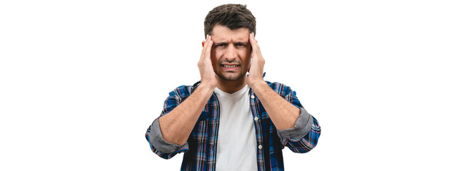 The stressed man standing on the white background