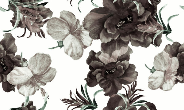 White Watercolor Textile. Black Flower Painting. Gray Seamless Foliage. Pattern Plant. Tropical Garden. Isolated Plant. Fashion Backdrop. Botanical Palm.