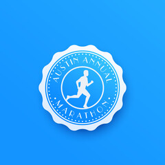 Marathon badge with running man, round vector logo