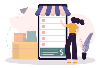 Cute woman chooses different goods in online store. E-store with various assortments on smartphone screen