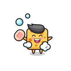 cheese character is bathing while holding soap