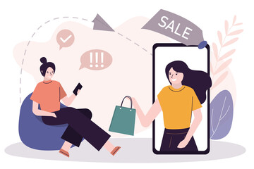 Female seller offer products on phone screen. Girl customer make order in online shop. App for shopping. Online market and sales concept