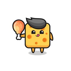 cheese cute mascot is eating a fried chicken