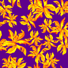 Naklejka na ściany i meble Neon Banana Leaf Background. Pink Isolated Set. Gold Seamless Jungle. Orange Pattern Print. Purple Watercolor Background. Tropical Plant. Botanical Background.