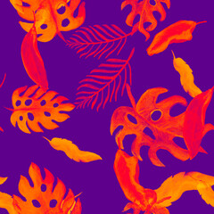 Fototapeta na wymiar Monstera Pattern Wallpaper. Orange Seamless Plant. Nature Garden. Violet Watercolor Palm. Tropical Leaf. Floral Palm. Summer Leaves.Isolated Palm.
