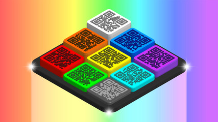 3D abstract colored iridescent cubes, QR-codes with encrypted names of rainbow colors, gray and white. Light background, radiant glares