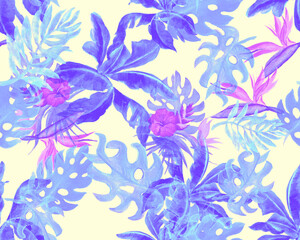 Fototapeta na wymiar Azure Monstera Plant. Pink Watercolor Backdrop. Purple Banana Leaf Background. Indigo Seamless Palm. Blue Pattern Backdrop. Tropical Set. Vintage Background.